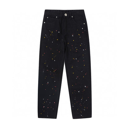 CHROME Hearts Paint Drip Yellow Cross Patch Jeans - Black Unisex Streetwear Limited Edition