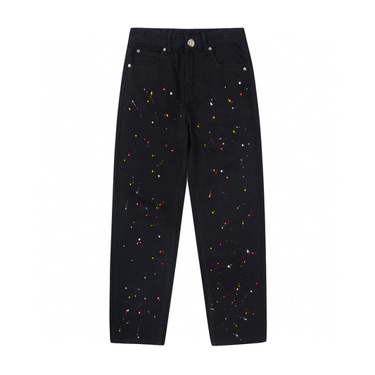 CHROME Hearts Paint Drip Yellow Cross Patch Jeans - Black Unisex Streetwear Limited Edition