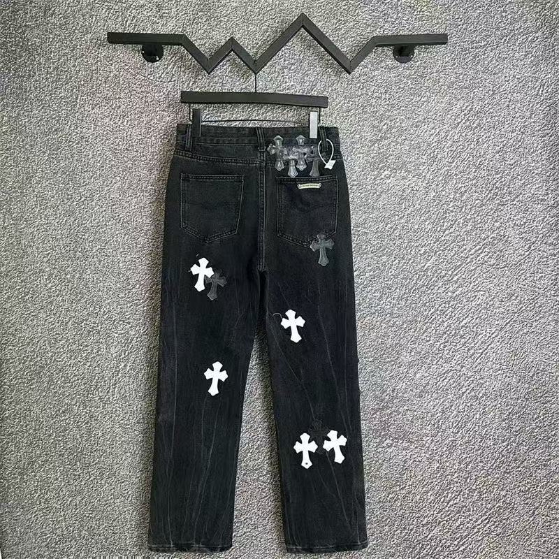 CHROME Hearts White Cross Patch Jeans - Black Unisex Streetwear Limited Edition