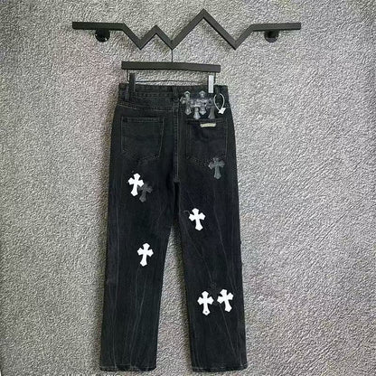 CHROME Hearts White Cross Patch Jeans - Black Unisex Streetwear Limited Edition
