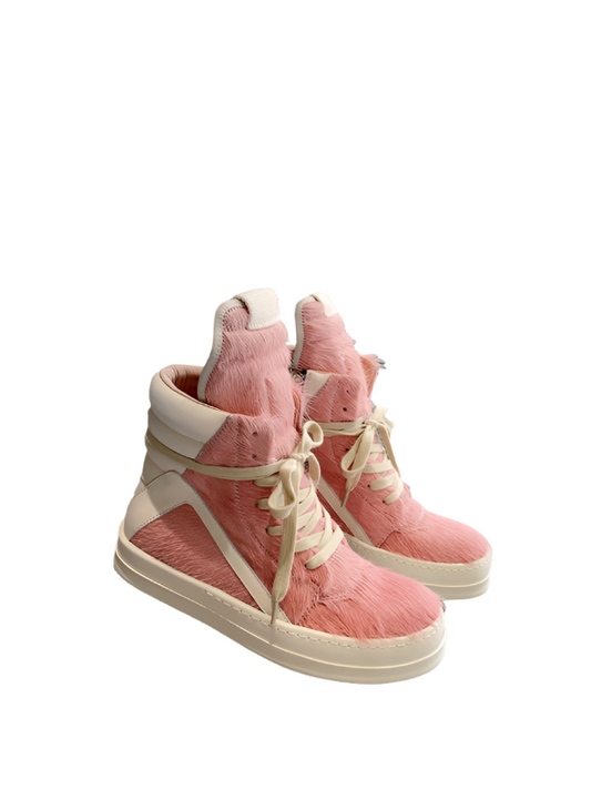 Rick Owens Geobasket Sneakers - Pony Hair - Pink Unisex Streetwear Limited Edition - ### Rick Owens Geobasket Sneakers - Pink Pony Hair Introducing the Rick Owens Geobasket Sneakers