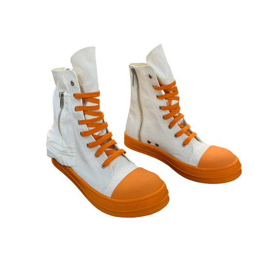 Rick Owens High-top Canvas Boots - And Orange T-Shirt - White Unisex Streetwear Limited Edition - ### Rick Owens High-Top Canvas Boots - White and Orange Introducing the Rick Owens High-Top