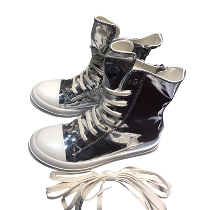 High-Top Metallic Leather Sneakers - White Unisex Streetwear Limited Edition - **High-Top Metallic Leather Sneakers** Step into the future of fashion with these high-top metallic leather