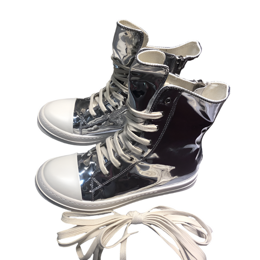 High-Top Metallic Leather Sneakers - White Unisex Streetwear Limited Edition - **High-Top Metallic Leather Sneakers** Step into the future of fashion with these high-top metallic leather