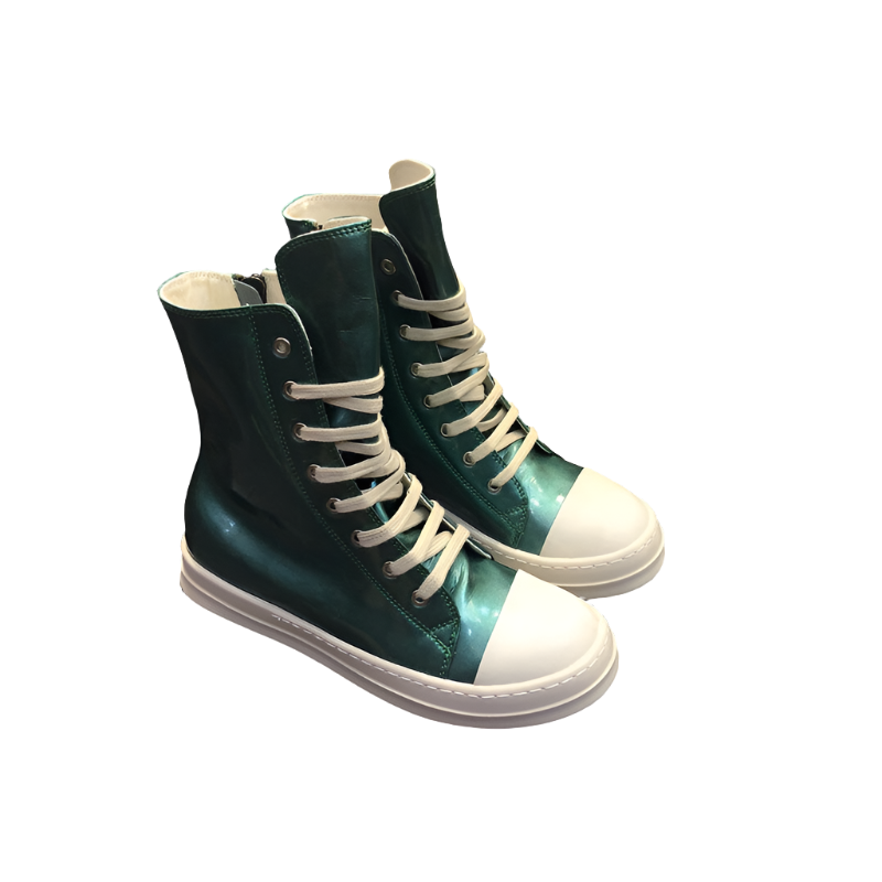 High-Top Metallic Leather Sneakers - Green Unisex Streetwear Limited Edition - **High-Top Metallic Green Leather Sneakers** Add a splash of color to your wardrobe with these