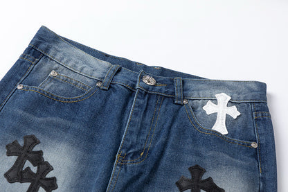 CHROME Hearts White Cross Patch Jeans Denim - Black Unisex Streetwear Limited Edition
