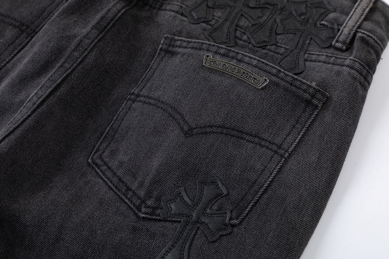 CHROME Hearts Brown Cross Patch Jeans - Black Unisex Streetwear Limited Edition