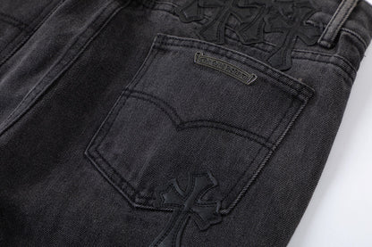 CHROME Hearts Brown Cross Patch Jeans - Black Unisex Streetwear Limited Edition