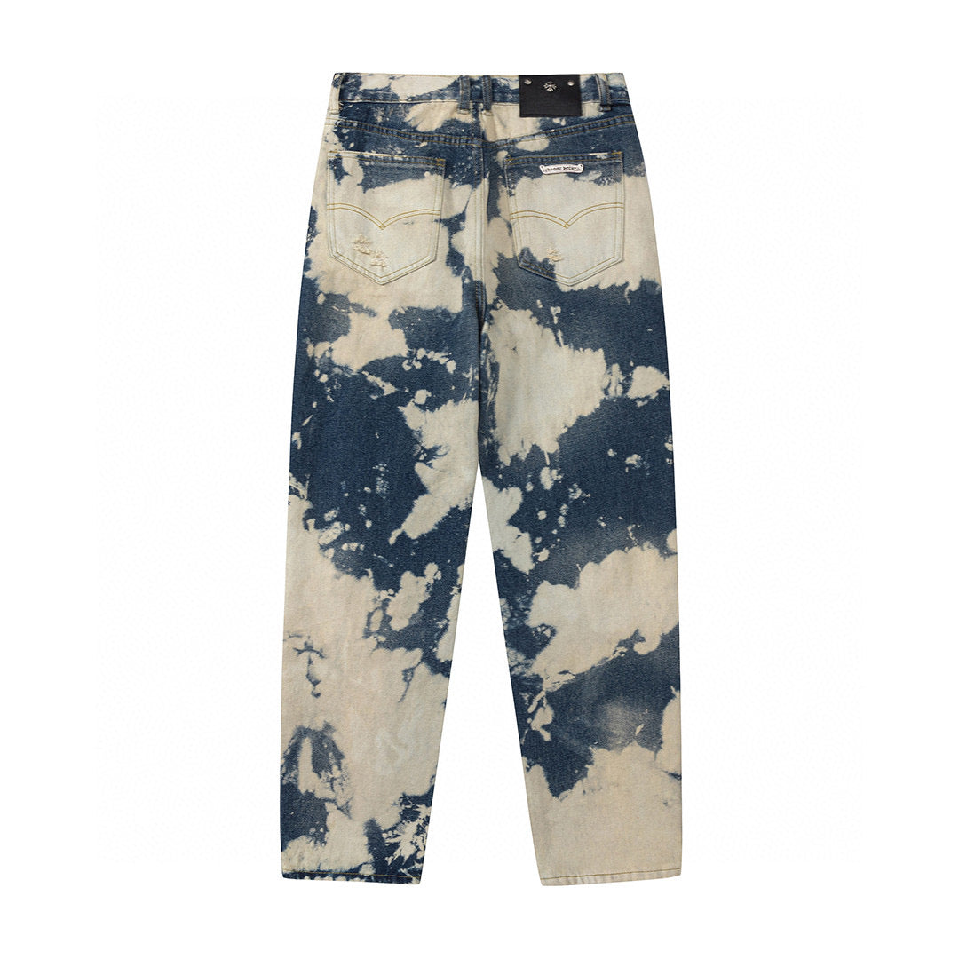 CHROME Hearts Tie Dye Orange Cross Patch Jeans - White Unisex Streetwear Limited Edition