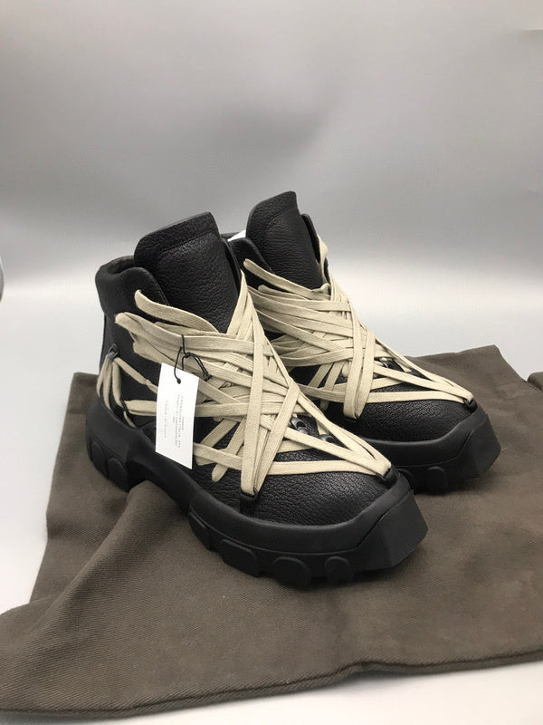 Rick Owens High-top Sneakers With Beige Straps - Black Unisex Streetwear Limited Edition - **Rick Owens Black High-Top Sneakers with Beige Straps: Avant-Garde Design and Superior Craftsmanship** Intro