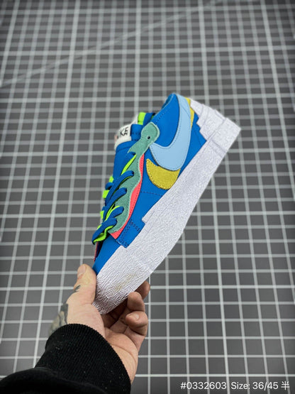 KAWS - Sacai - Nike Blazer'neptune Blue' Unisex Streetwear Limited Edition - The KAWS x Sacai x Nike Blazer 'Neptune Blue' combines bold design, vibrant color, and