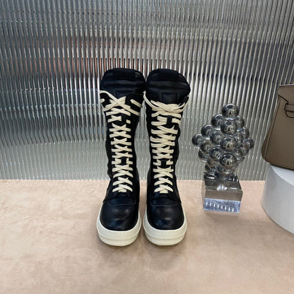 Rick Owens High-Top Leather Boots - Black and Cream - logo - replica sneakers
