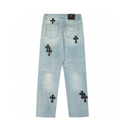 CHROME Hearts Se - Embroidered Jeans Blue Unisex Streetwear Limited Edition