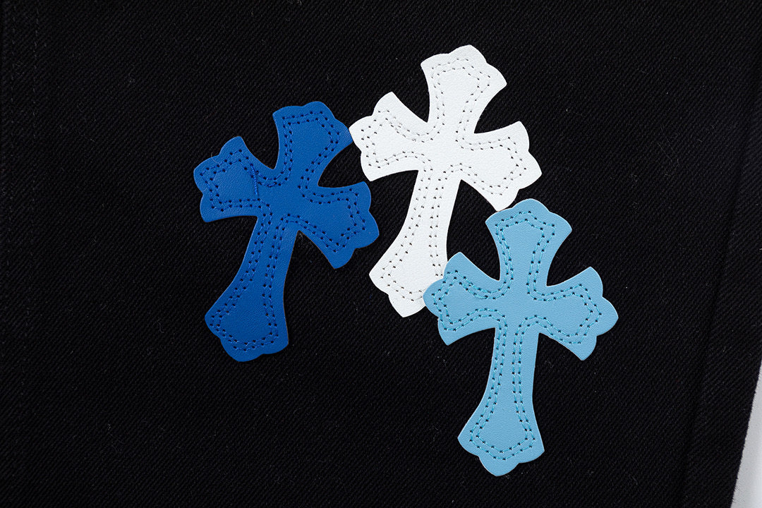 CHROME Hearts Blue Cross Patch Jeans - Black Unisex Streetwear Limited Edition
