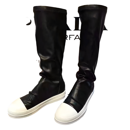 Over-the-Knee Leather Sneakers - Black Unisex Streetwear Limited Edition - **Over-the-Knee Leather Sneakers** Introducing a bold fusion of sneaker and boot, these over-the-knee leather sneakers