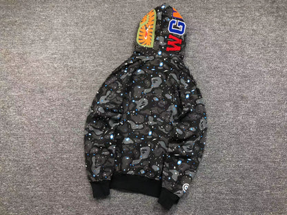 BAPE Space Camo Double Shark Full Zip Hoodie - Black Unisex Streetwear Limited Edition
