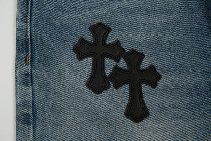 CHROME Hearts Cross Patch Edge Jorts Washed Denim - Black Unisex Streetwear Limited Edition