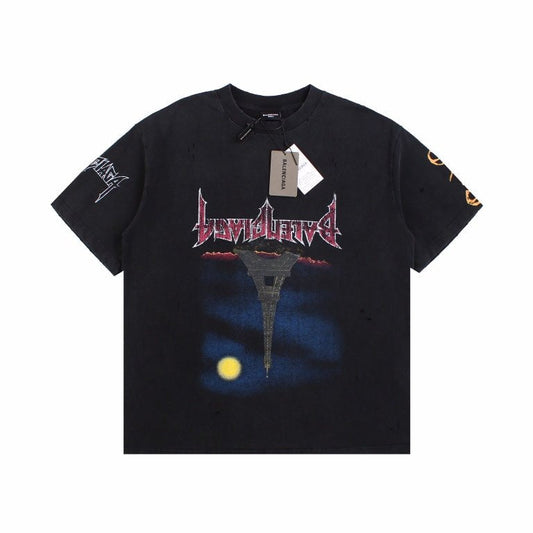 BALENCIAGA Devil's Eiffel Tower Graphic T-shirt - Black Unisex Streetwear Limited Edition - The BALENCIAGA DEVIL'S EIFFEL TOWER GRAPHIC T-SHIRT BLACK - REPLICA combines luxury fashion with a