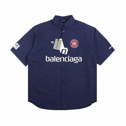 BALENCIAGA Logo Design Button-up Shirt - Navy Unisex Streetwear Limited Edition - The BALENCIAGA LOGO DESIGN BUTTON-UP SHIRT NAVY - REPLICA blends high-fashion tailoring with modern streetwear