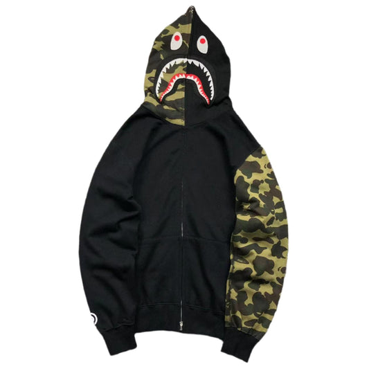 BAPE Green Camo Full Zip Hoodie - Black Unisex Streetwear Limited Edition