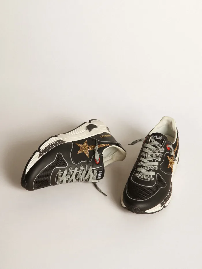 Running Sole Sneakers With Glittery Gold Star - Black Unisex Streetwear Limited Edition