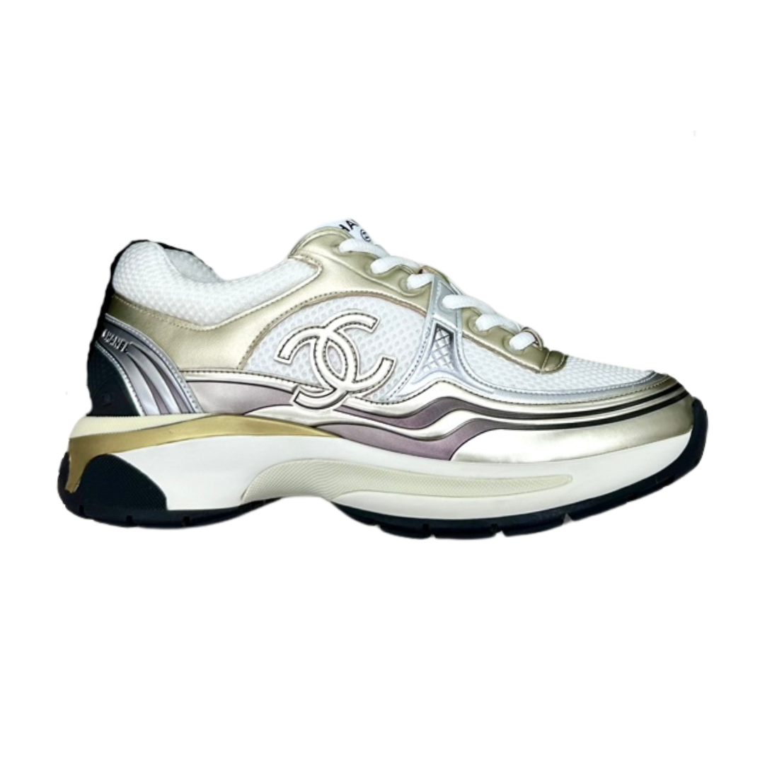 CHANEL Cc Runners Sneakers And Gold - White Unisex Streetwear Limited Edition - The CHANEL CC RUNNERS SNEAKERS WHITE &amp; GOLD - REPLICA bring together luxury, elegance, and