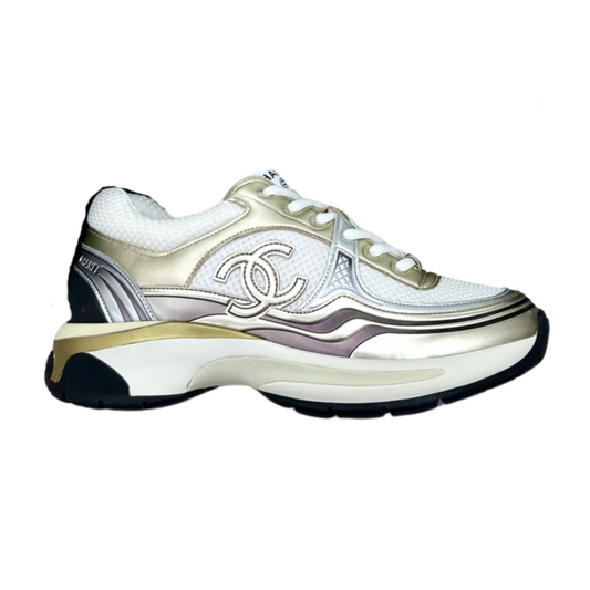 CHANEL Cc Runners Sneakers And Gold - White Unisex Streetwear Limited Edition - The CHANEL CC RUNNERS SNEAKERS WHITE &amp; GOLD - REPLICA bring together luxury, elegance, and