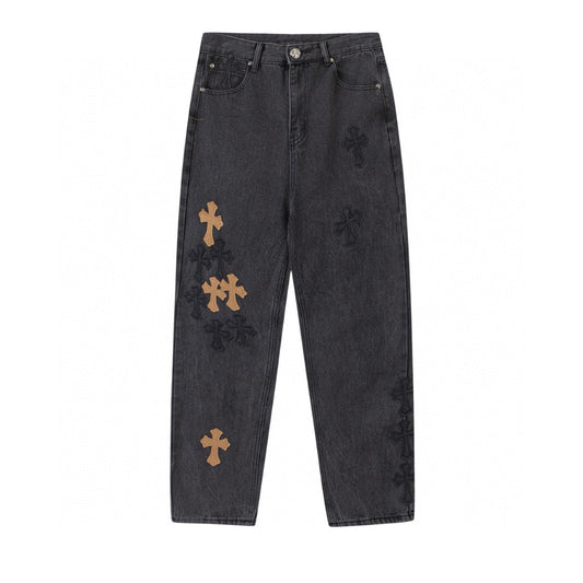 CHROME Hearts Brown Cross Patch Jeans - Black Unisex Streetwear Limited Edition
