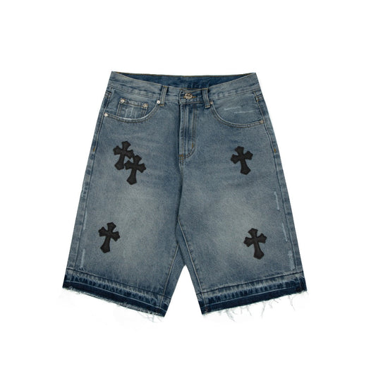 CHROME Hearts Cross Patch Edge Jorts Washed Denim - Black Unisex Streetwear Limited Edition