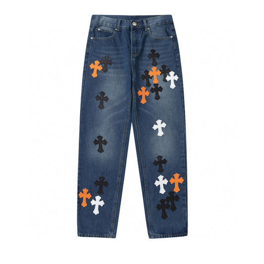 CHROME Hearts Crow Hearts Jeans Denim - Red Unisex Streetwear Limited Edition