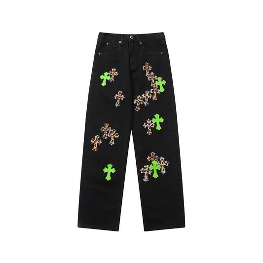 CHROME Hearts Jeans Green Leopard - Black Unisex Streetwear Limited Edition - The CHROME HEARTS JEANS BLACK GREEN LEOPARD - REPLICA take bold streetwear to the next