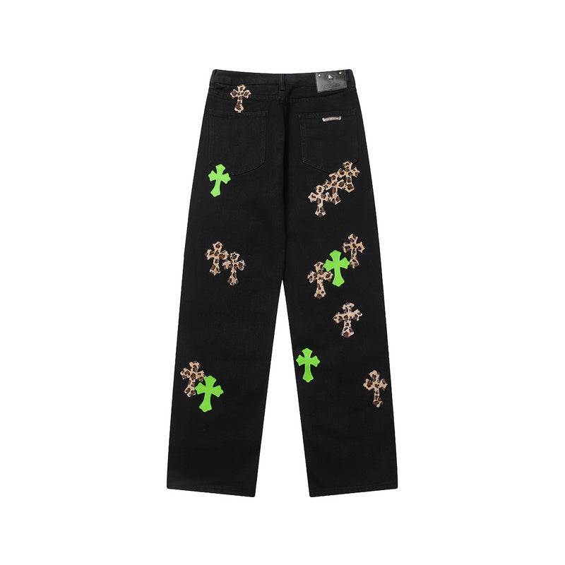 CHROME Hearts Jeans Green Leopard - Black Unisex Streetwear Limited Edition - The CHROME HEARTS JEANS BLACK GREEN LEOPARD - REPLICA take bold streetwear to the next
