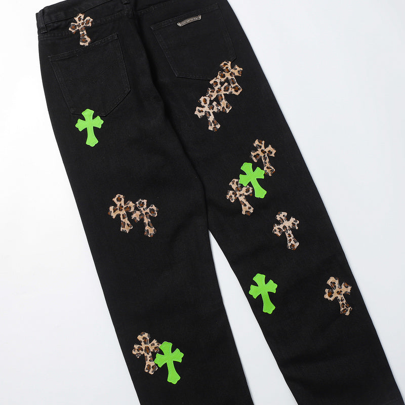CHROME Hearts Jeans Green Leopard - Black Unisex Streetwear Limited Edition - The CHROME HEARTS JEANS BLACK GREEN LEOPARD - REPLICA take bold streetwear to the next