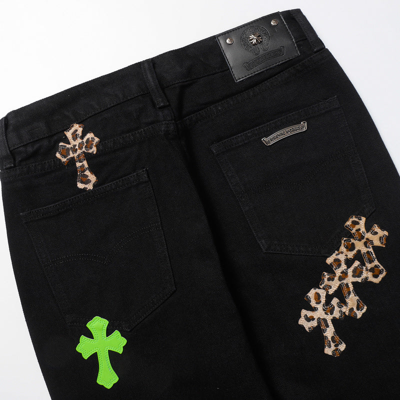 CHROME Hearts Jeans Green Leopard - Black Unisex Streetwear Limited Edition - The CHROME HEARTS JEANS BLACK GREEN LEOPARD - REPLICA take bold streetwear to the next