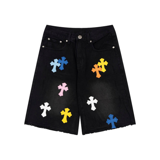 CHROME Hearts Multicolor Cross Patch Jorts Shorts - Black Unisex Streetwear Limited Edition