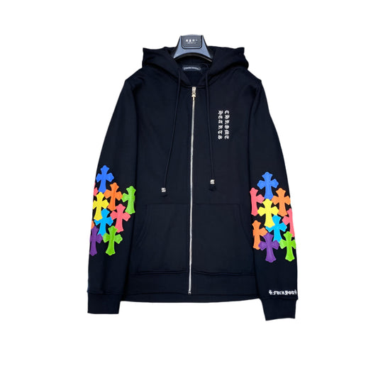 CHROME Hearts Multicolor Cross Patch Zipper Hoodie - Black Unisex Streetwear Limited Edition