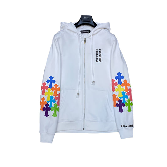 CHROME Hearts Multicolor Cross Patch Zipper Hoodie - White Unisex Streetwear Limited Edition