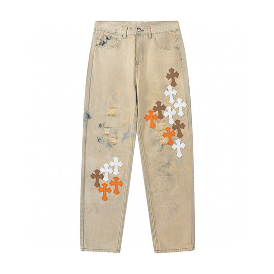 CHROME Hearts Brown Cross Patch Jeans Beige - Orange Unisex Streetwear Limited Edition