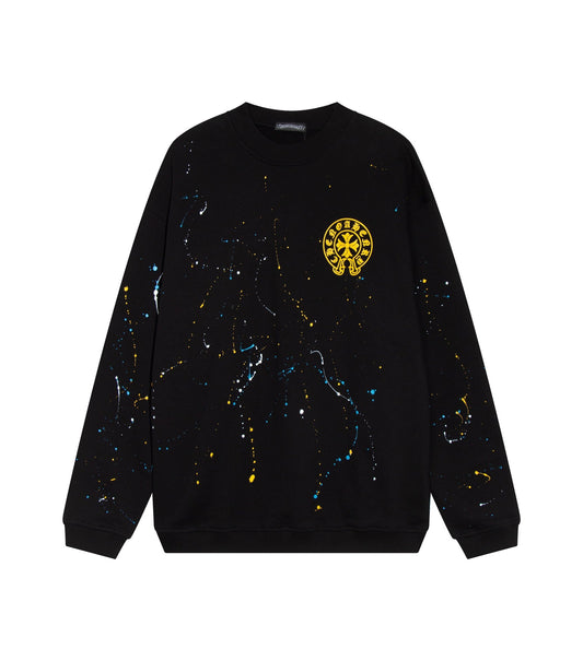 CHROME Hearts Paint Drip Yellow Cross Sweatshirt - Black Unisex Streetwear Limited Edition