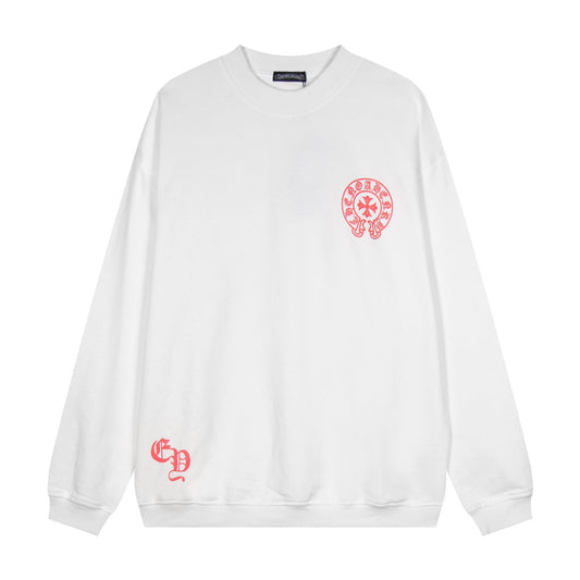 CHROME Hearts Red Horse Shoe Logo Sweatshirt - White Unisex Streetwear Limited Edition