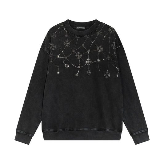 CHROME Hearts Rhinestone Network Sweatshirt Washed - Black Unisex Streetwear Limited Edition