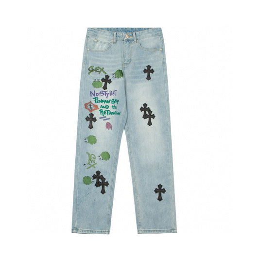 CHROME Hearts Se - Embroidered Jeans Blue Unisex Streetwear Limited Edition