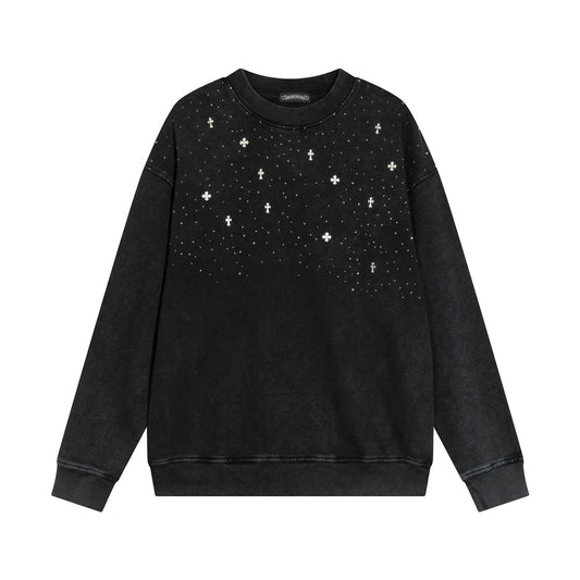 CHROME Hearts Starry Rhinestone Sweatshirt Washed - Black Unisex Streetwear Limited Edition