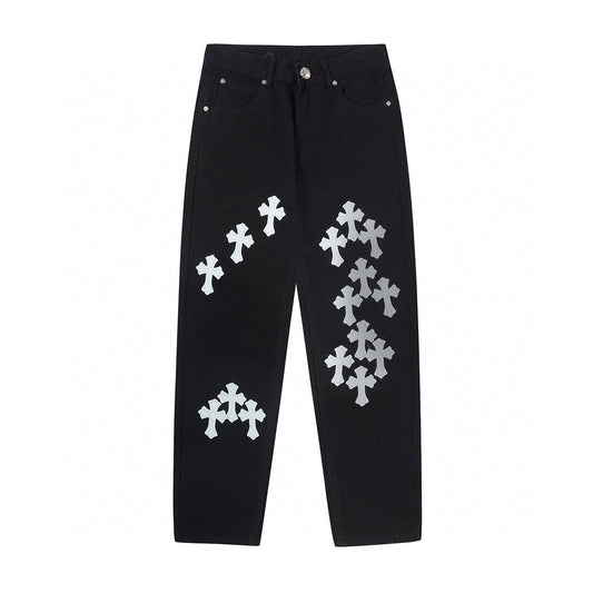 CHROME Hearts White Yellow Cross Patch Jeans - Black Unisex Streetwear Limited Edition