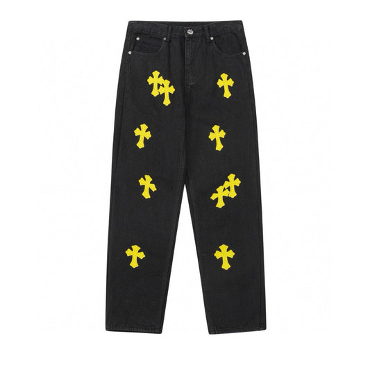 CHROME Hearts Yellow Cross Patch Jeans - Black Unisex Streetwear Limited Edition