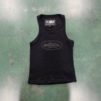 CORTEIZ Rtw Og Women's Alcatraz Tank Top On - Black Unisex Streetwear Limited Edition - The CORTEIZ RTW OG WOMEN'S ALCATRAZ TANK TOP BLACK ON BLACK - REPLICA exudes sleek