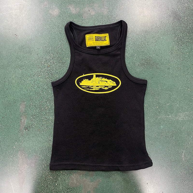 CORTEIZ Rtw Og Women's Alcatraz Tank Top Yellow - Black Unisex Streetwear Limited Edition - The CORTEIZ RTW OG WOMEN'S ALCATRAZ TANK TOP BLACK YELLOW - REPLICA is a bold