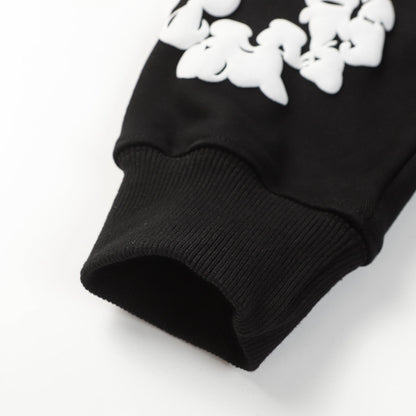 Sudadera con capucha y corona de algodón con lágrimas de mezclilla, color negro