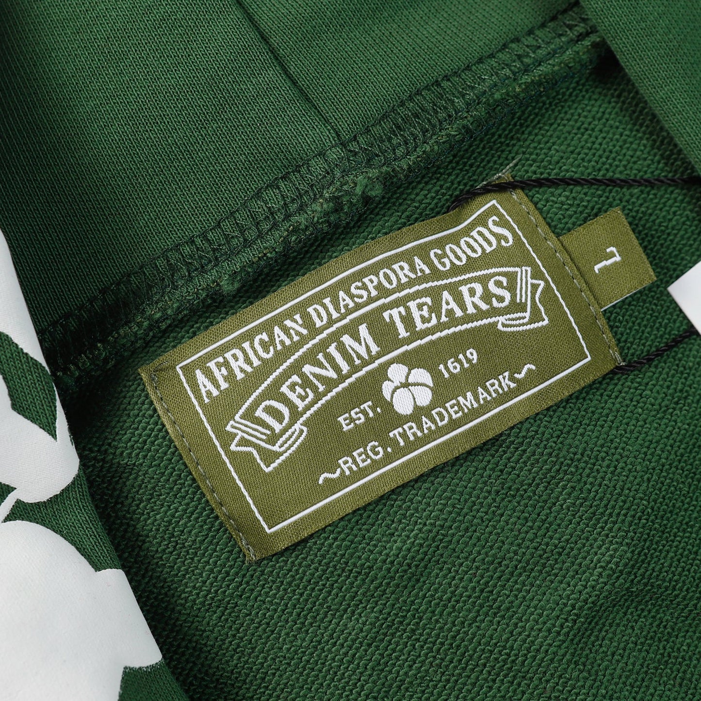 Sudadera con capucha de algodón con estampado de lágrimas de mezclilla, color verde oscuro