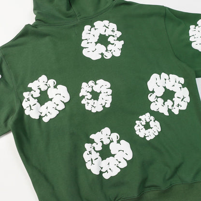 Sudadera con capucha de algodón con estampado de lágrimas de mezclilla, color verde oscuro